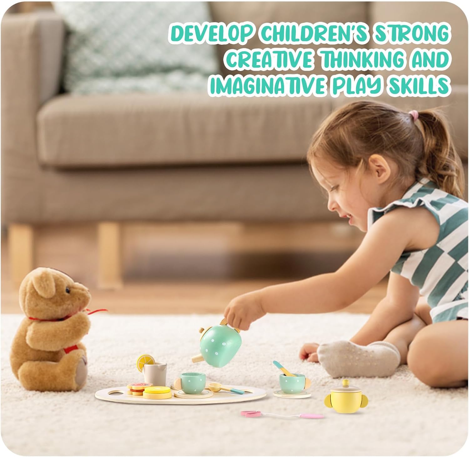 Wooden Tea Set for Kids, 15 Pcs Pretend Play Kitchen Accessories, Toddler Tea Party Playset for Little Girls, Boys, Preschool Educational Wooden Toys