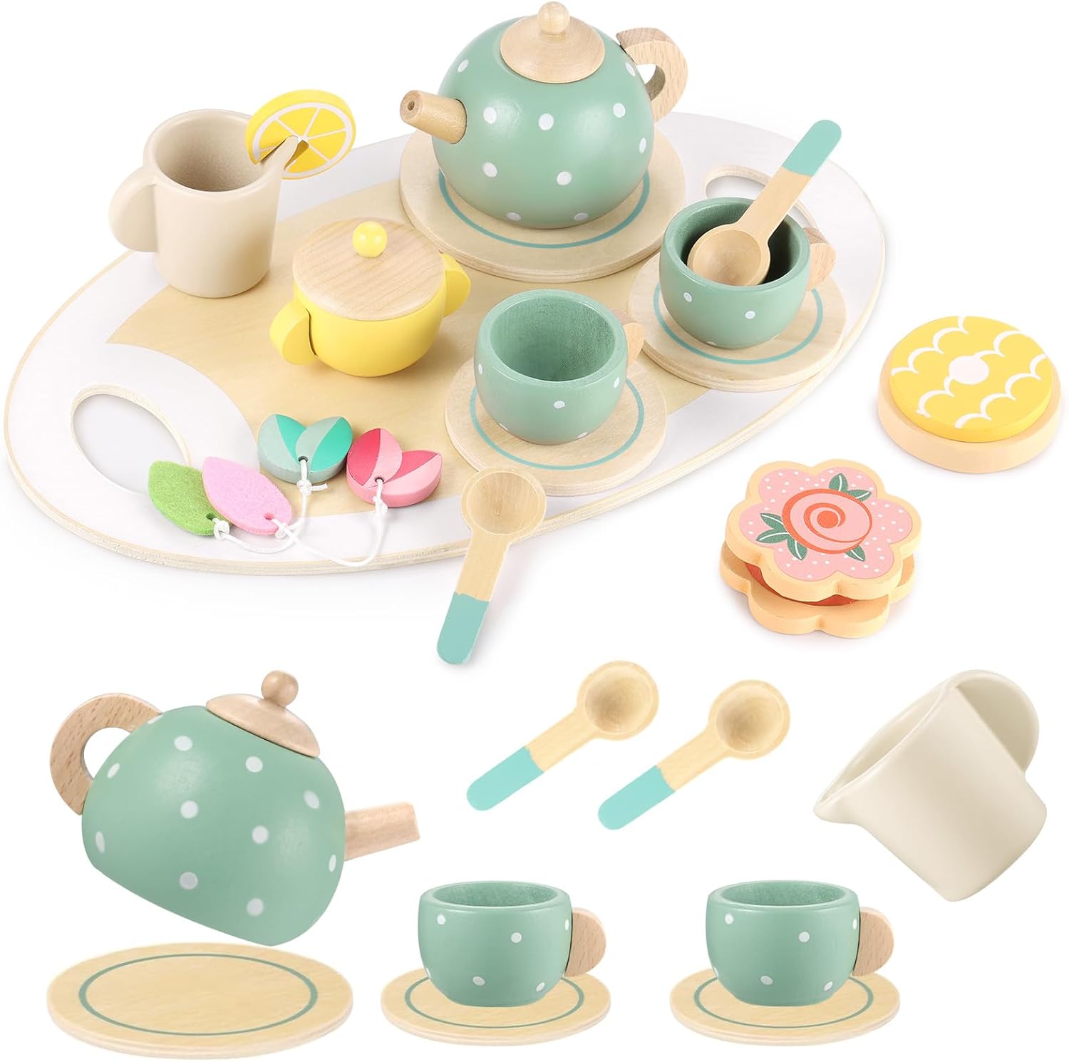Wooden Tea Set for Kids, 15 Pcs Pretend Play Kitchen Accessories, Toddler Tea Party Playset for Little Girls, Boys, Preschool Educational Wooden Toys