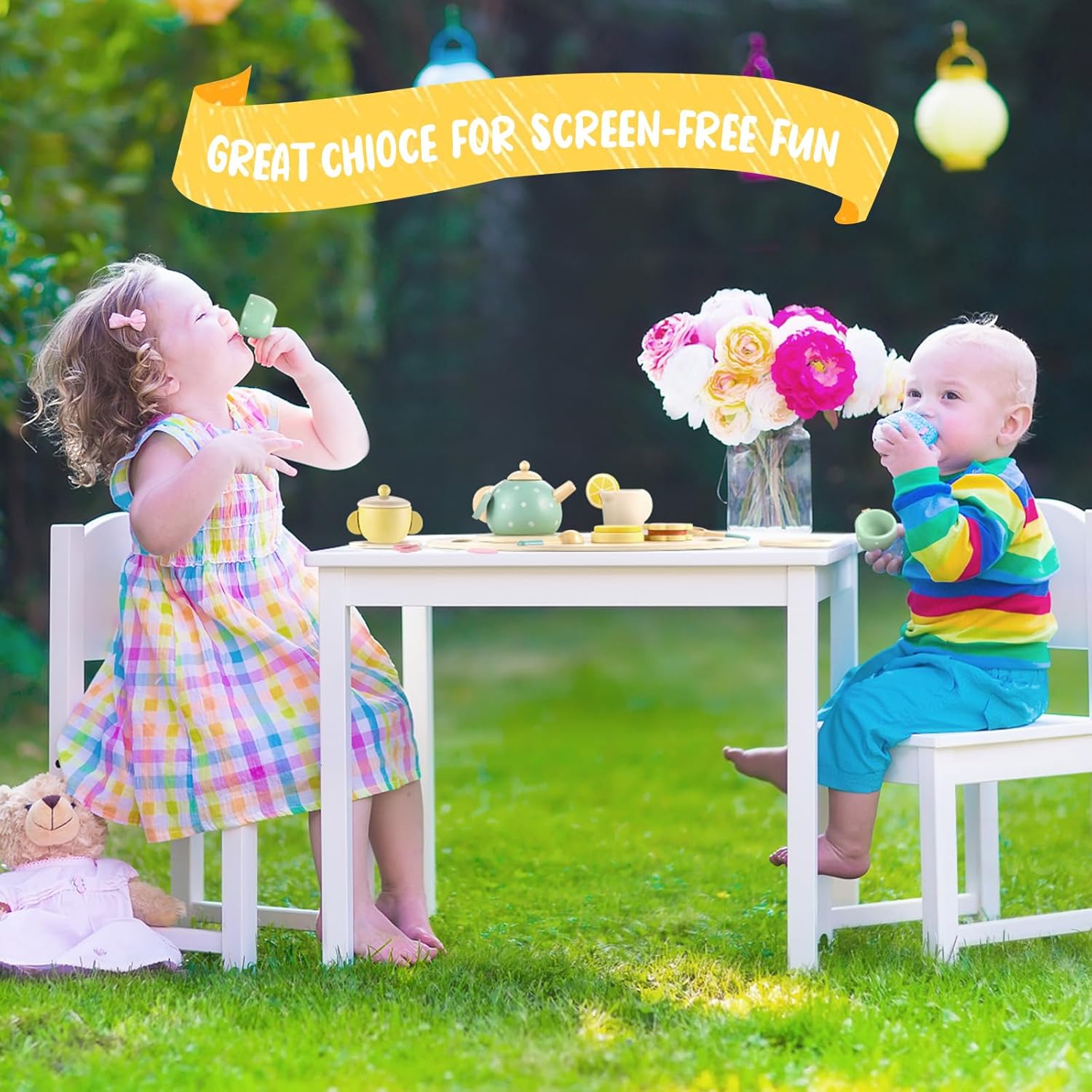 Wooden Tea Set for Kids, 15 Pcs Pretend Play Kitchen Accessories, Toddler Tea Party Playset for Little Girls, Boys, Preschool Educational Wooden Toys