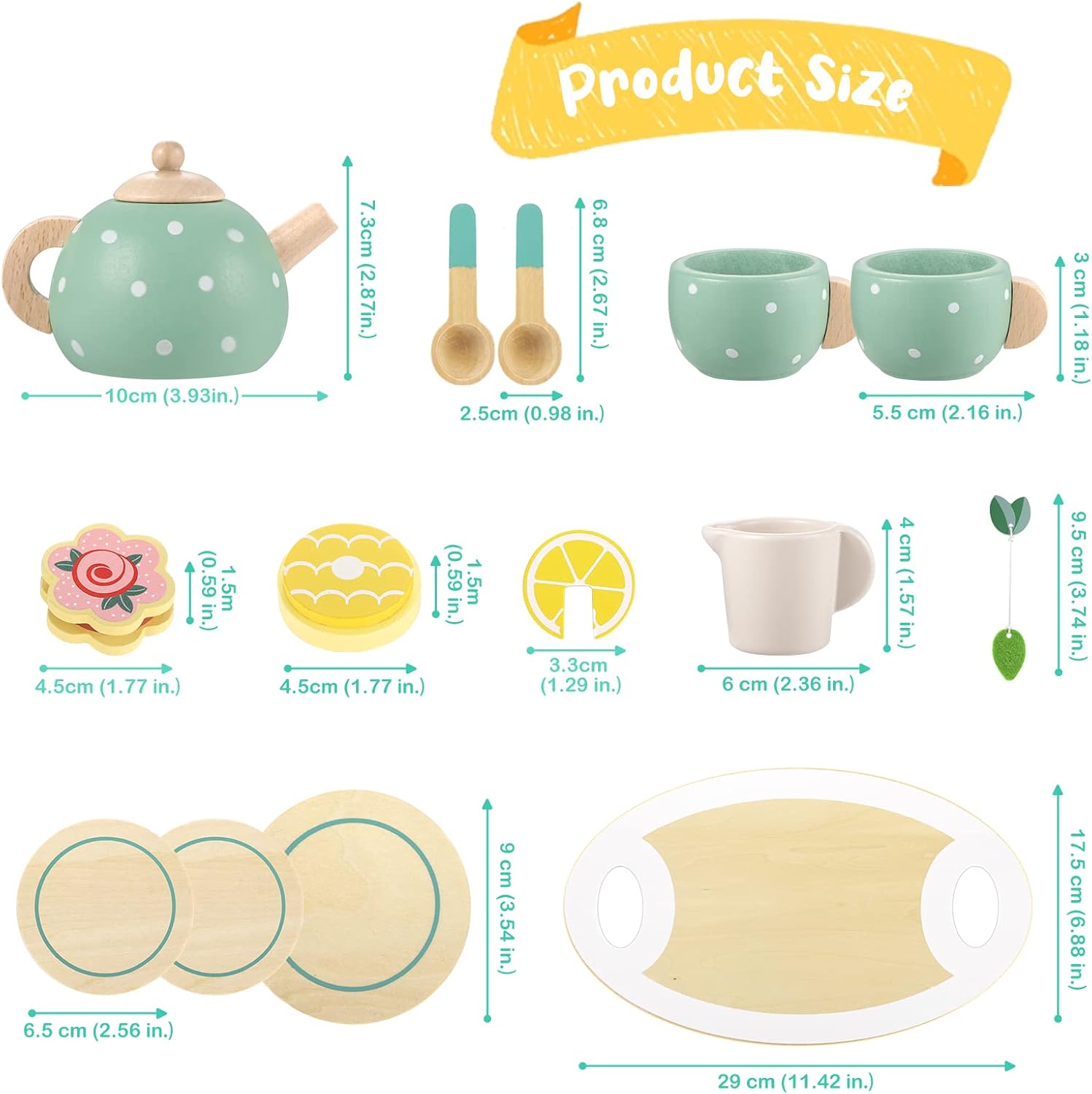 Wooden Tea Set for Kids, 15 Pcs Pretend Play Kitchen Accessories, Toddler Tea Party Playset for Little Girls, Boys, Preschool Educational Wooden Toys