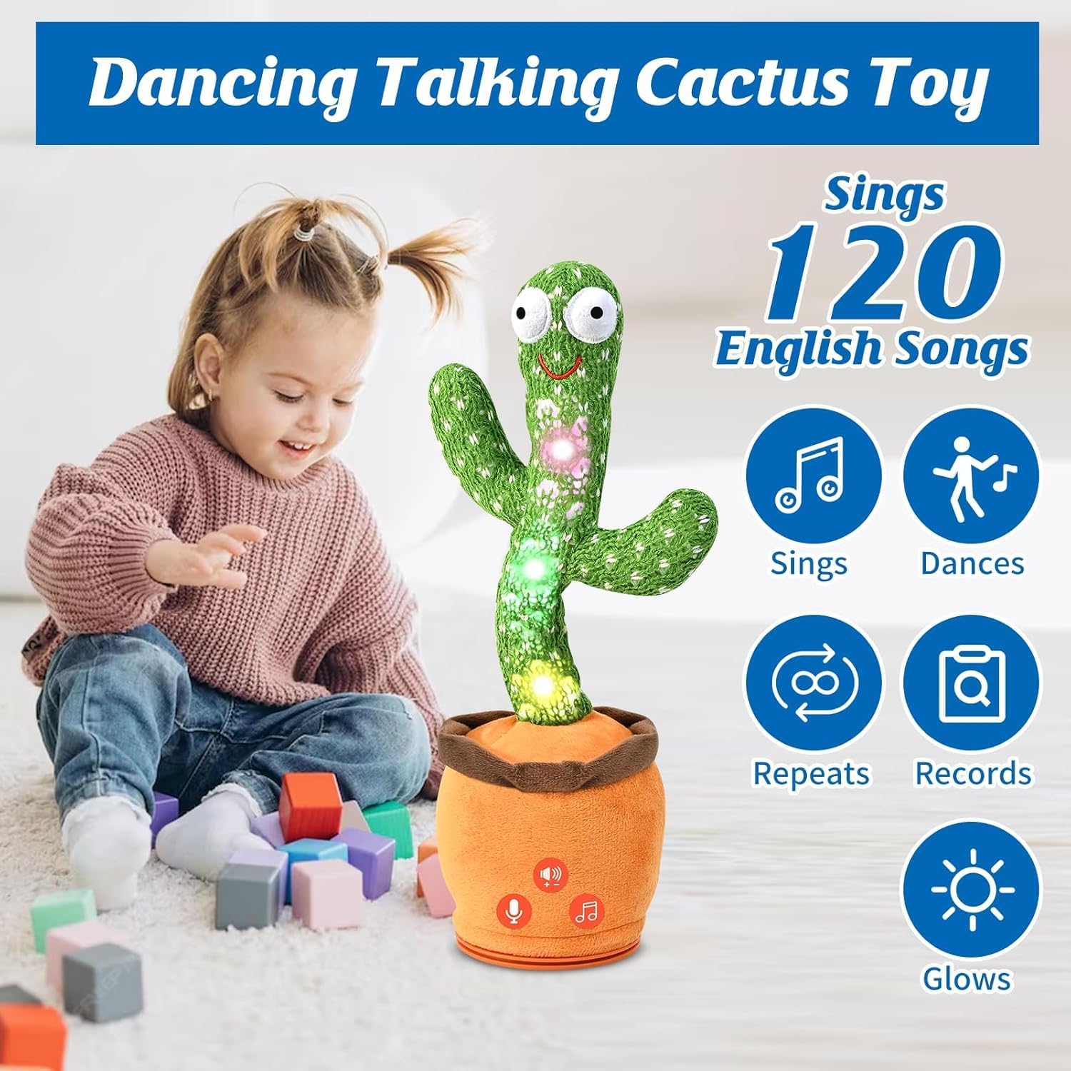 Dancing Cactus Toy with Singing, Talking & Mimicking Light Up Plush Toy Repeats What You Say Musical Baby Toy Gift for Boys & Girls