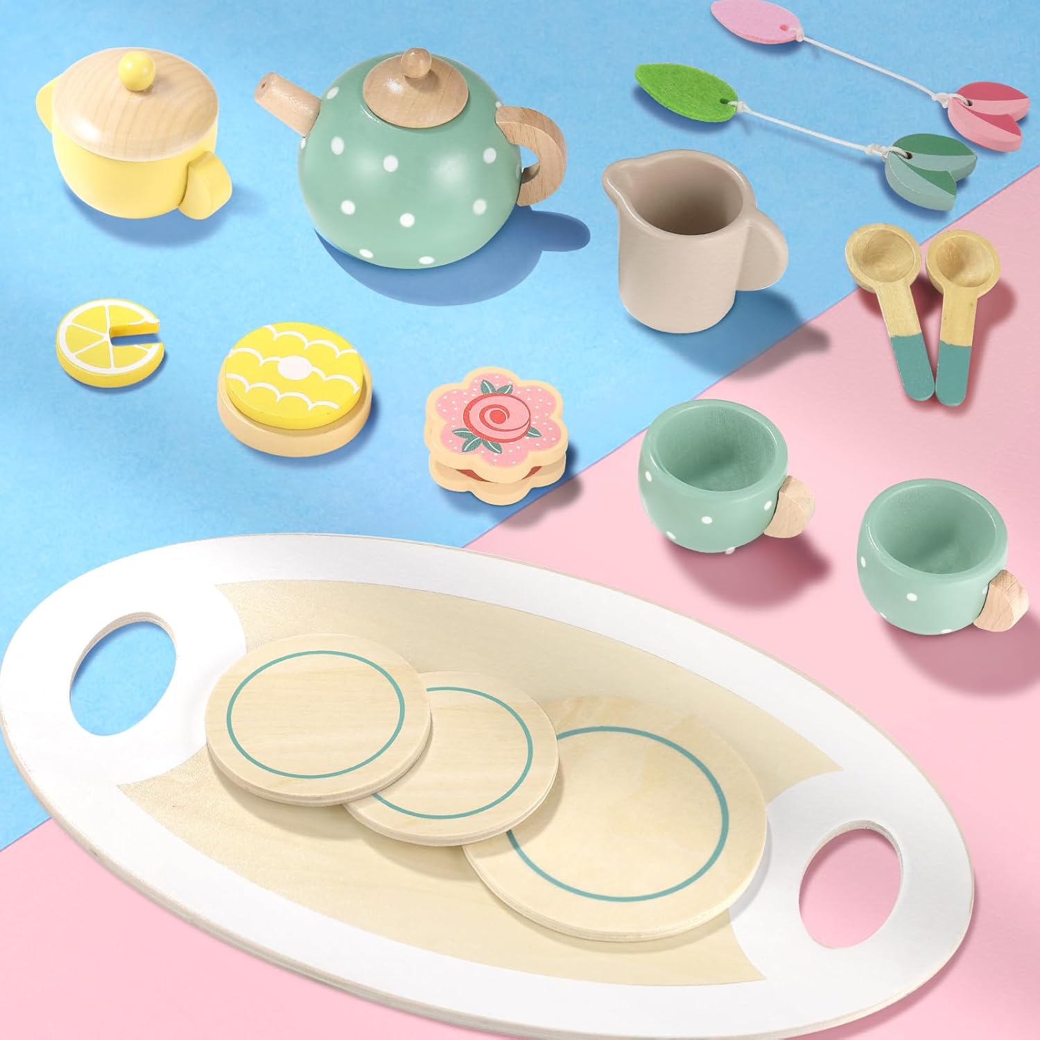 Wooden Tea Set for Kids, 15 Pcs Pretend Play Kitchen Accessories, Toddler Tea Party Playset for Little Girls, Boys, Preschool Educational Wooden Toys
