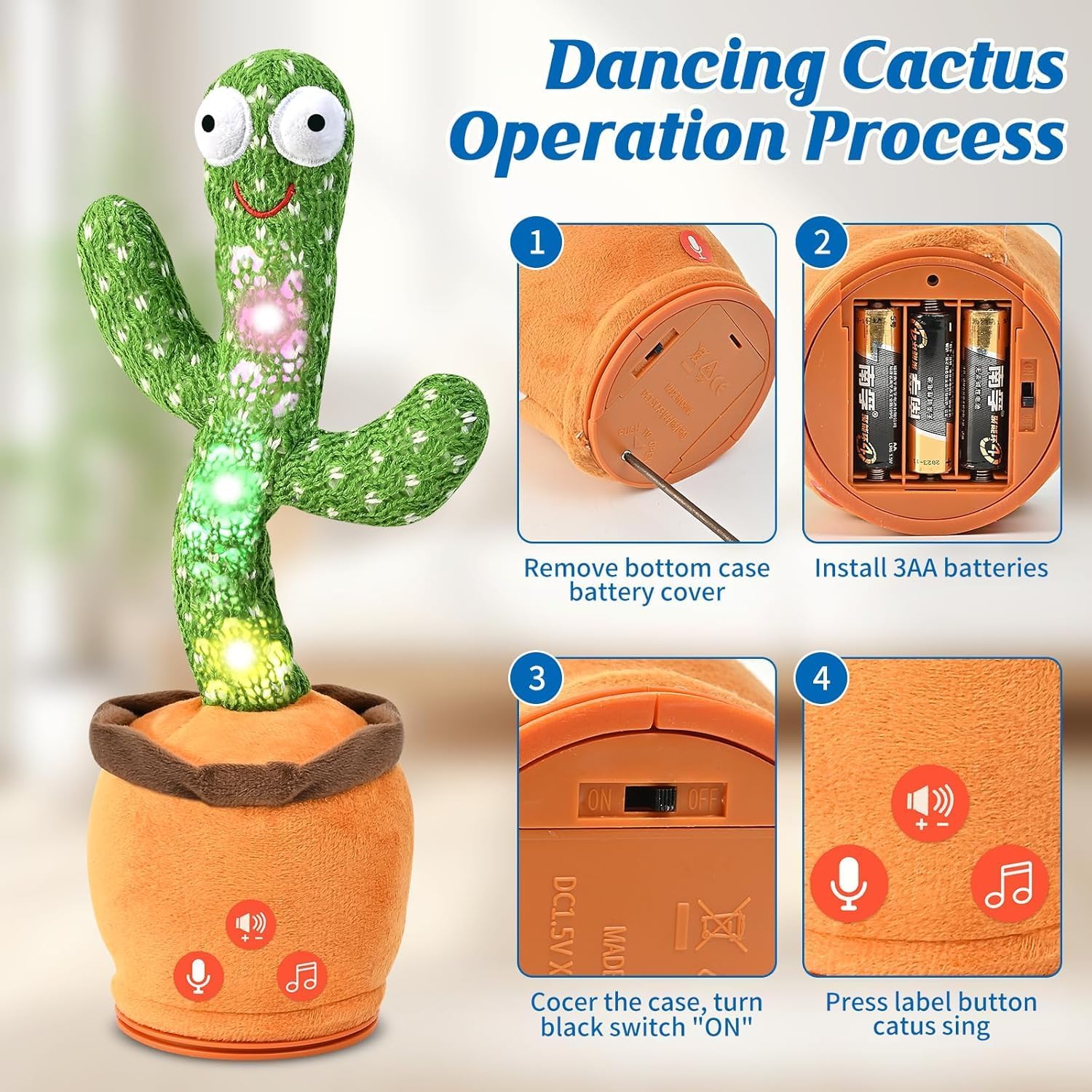 Dancing Cactus Toy with Singing, Talking & Mimicking Light Up Plush Toy Repeats What You Say Musical Baby Toy Gift for Boys & Girls