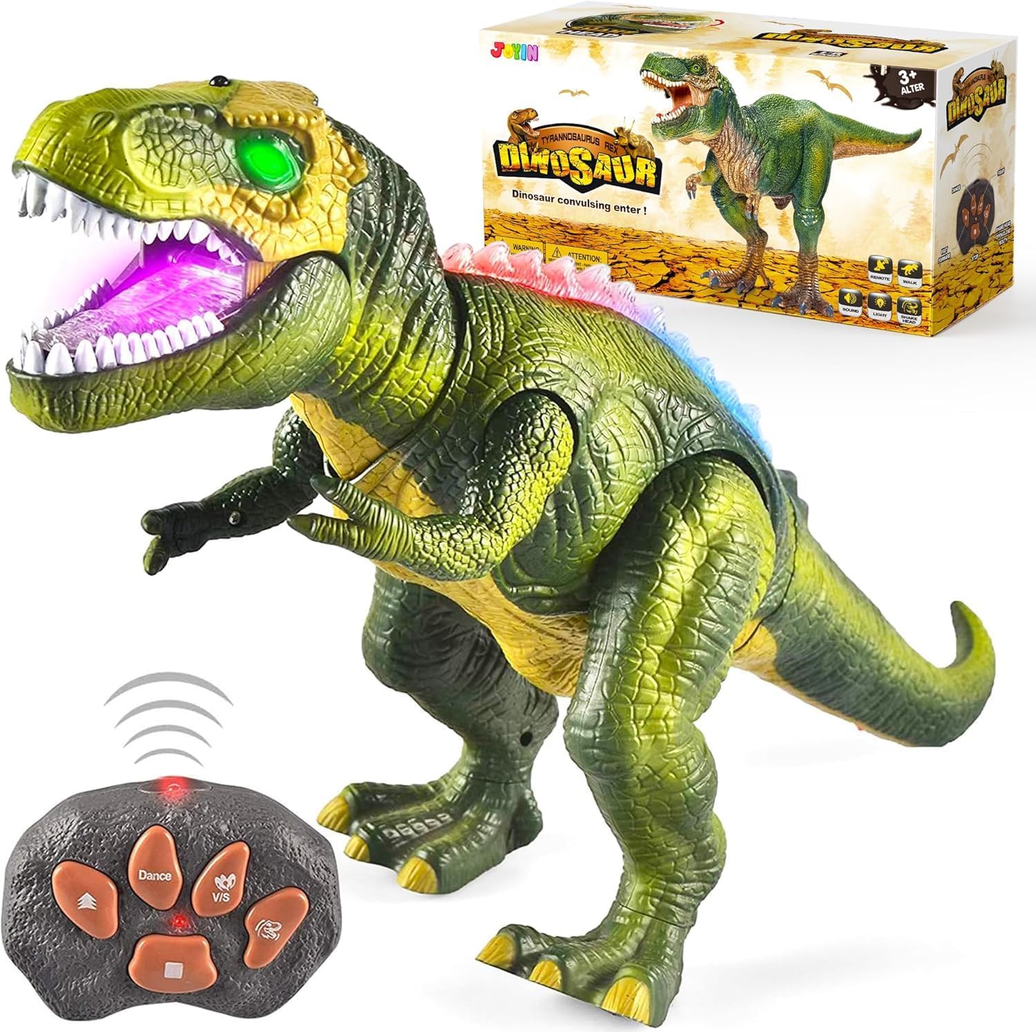 Remote Control Dinosaur Toy – Walking & Roaring Dinosaur with Glowing Eyes, Shaking Head and Realistic Sounds – Interactive RC Dinosaur Toy for Kids, Boys & Girls